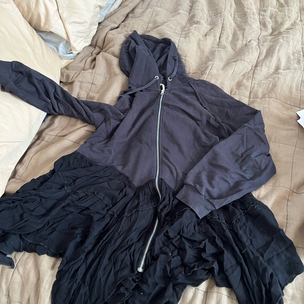 Free People Black Hoodie with Ruffled Hem